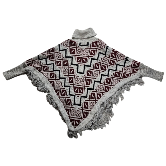 Geometric Fringe Poncho Sweater with Turtleneck Burgundy Gray Boho Style - Picture 2 of 6